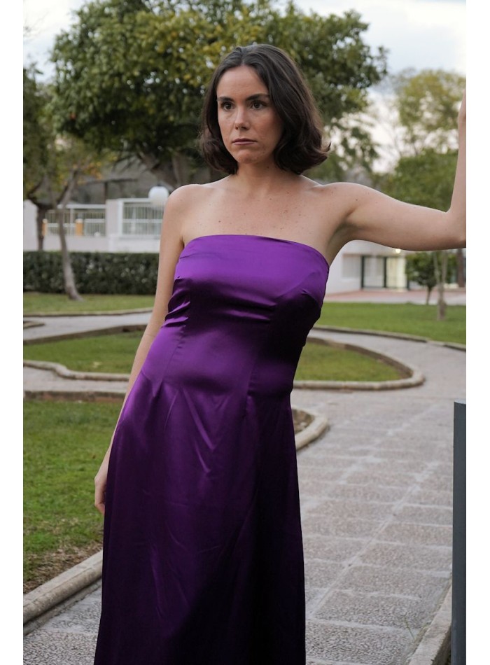 Purple satin strapless long dress