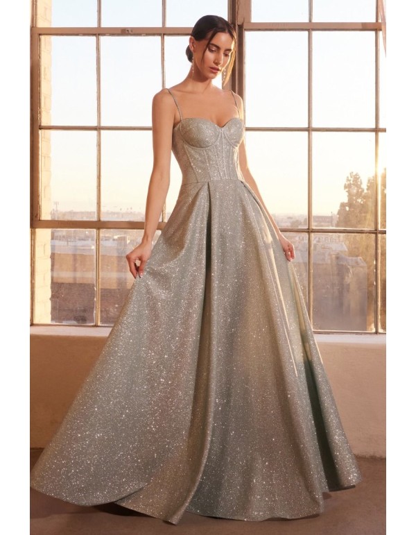 Vestido de fiesta con tejido brillante y cuerpo tipo corsé con falda de vuelo