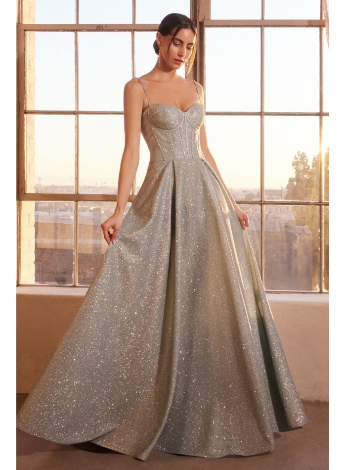 Long gown with shiny fabric and corset style bodice with flouncy skirt