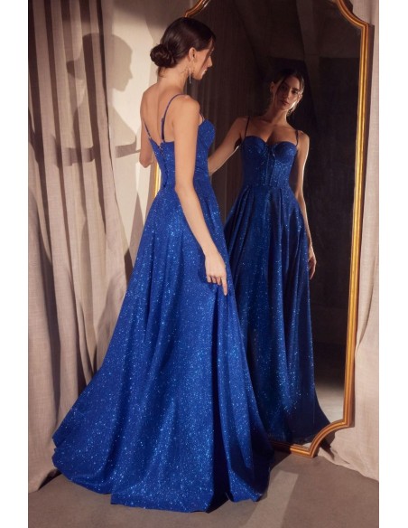 Long gown with shiny fabric and corset style bodice with flouncy skirt