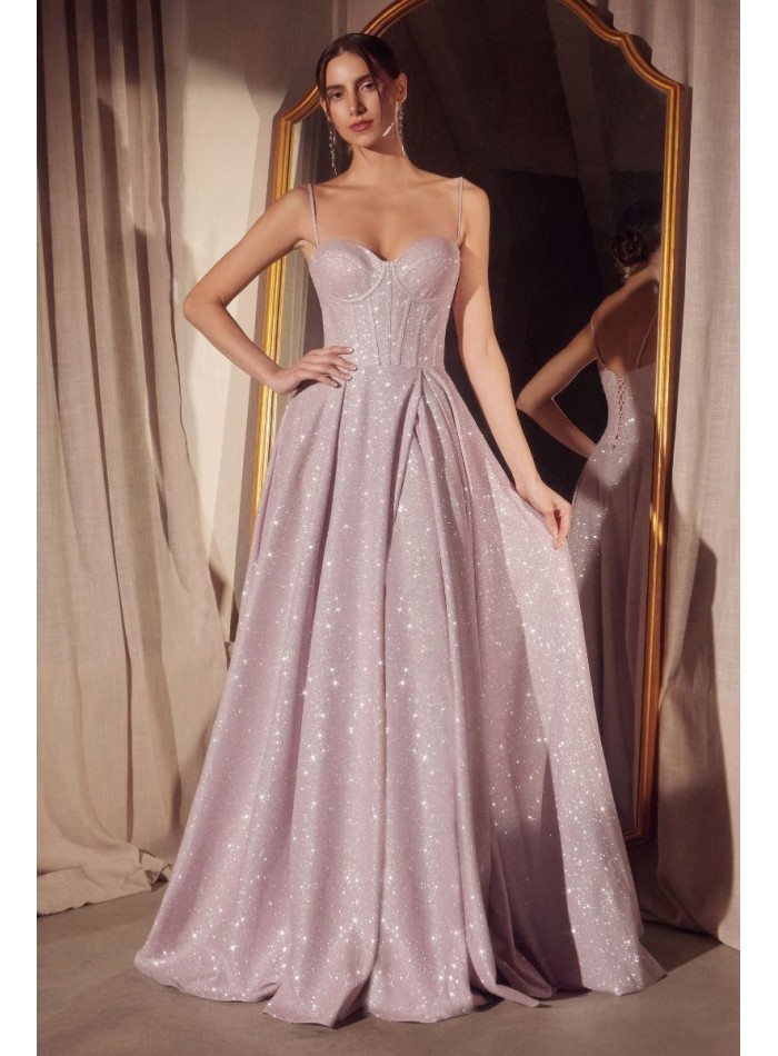 Long gown with shiny fabric and corset style bodice with flouncy skirt