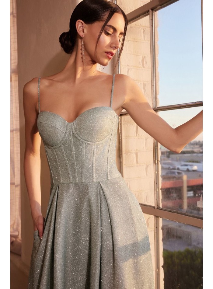 Long gown with shiny fabric and corset style...