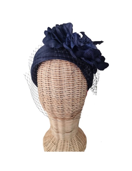 Bandeau turban avec fleurs bleu marine