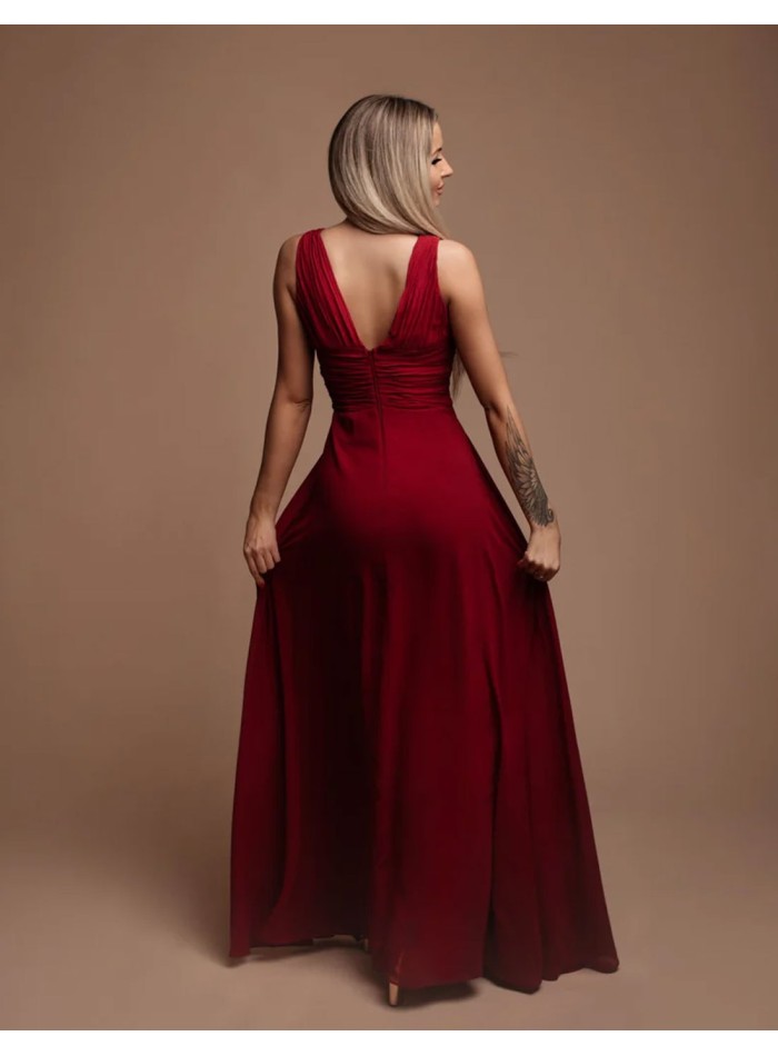 Long gown with ruffled V-neckline