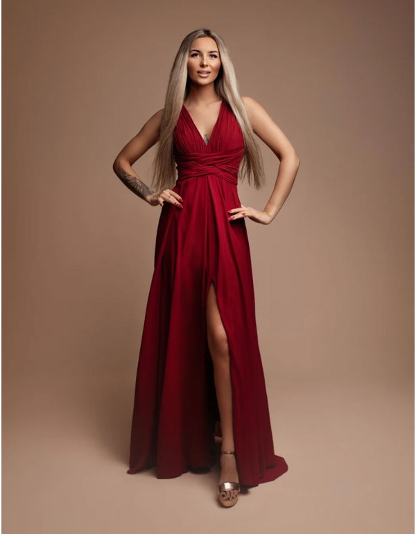 Vestido de fiesta largo con escote en pico fruncido