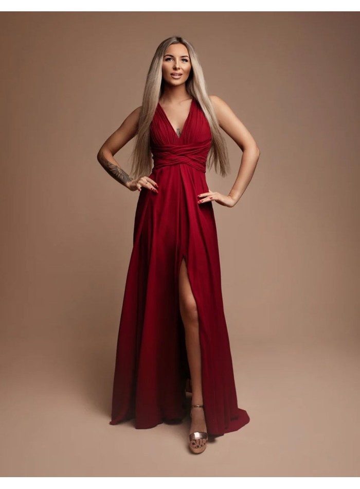 Long gown with ruffled V-neckline