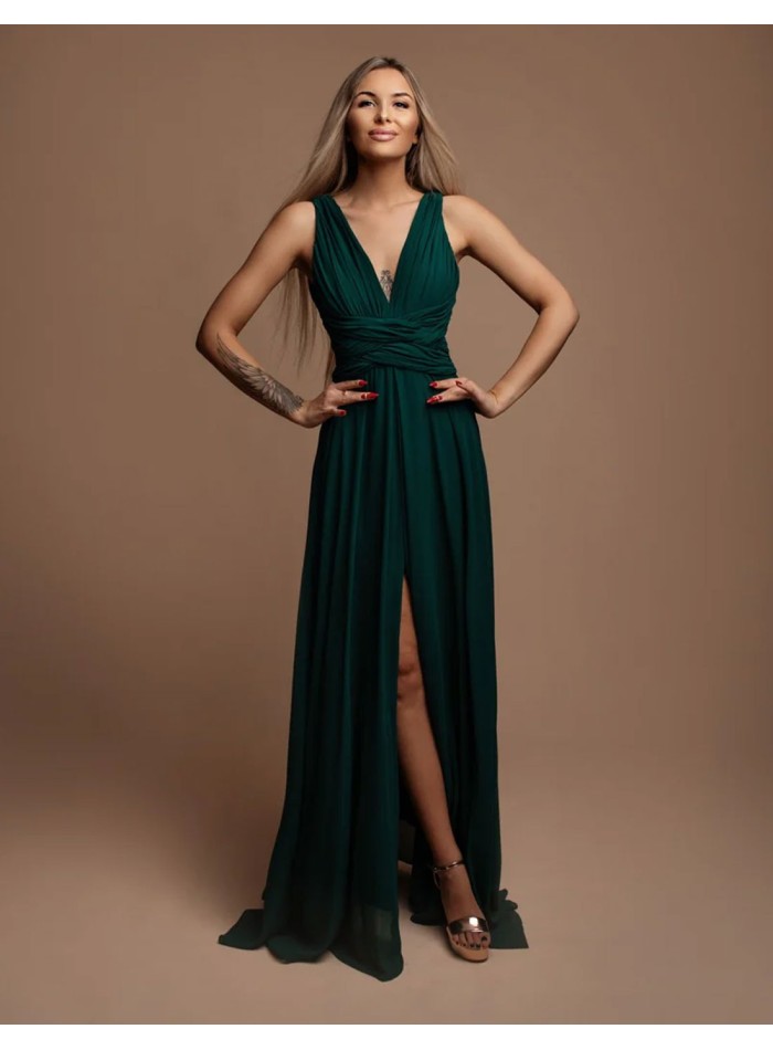 Long gown with ruffled V-neckline