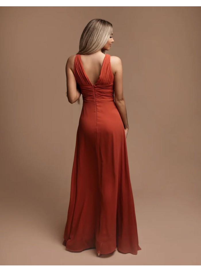 Long gown with ruffled V-neckline