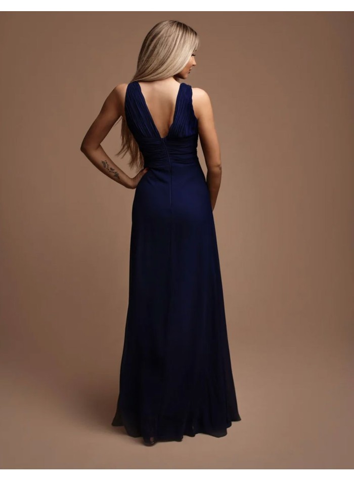 Long gown with ruffled V-neckline