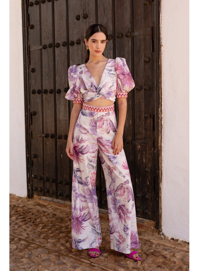 Lilac flower print linen two-piece set