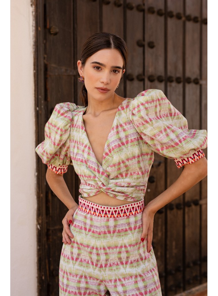 Two-piece ethnic jacquard green set
