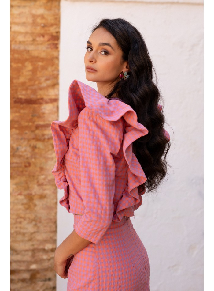 Conjunto blusa y falda rosa cuadros vichy para bautizos