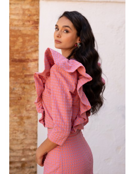 Conjunto blusa y falda rosa cuadros vichy para bautizos Conjunto blusa y falda rosa cuadros vichy para bautizos