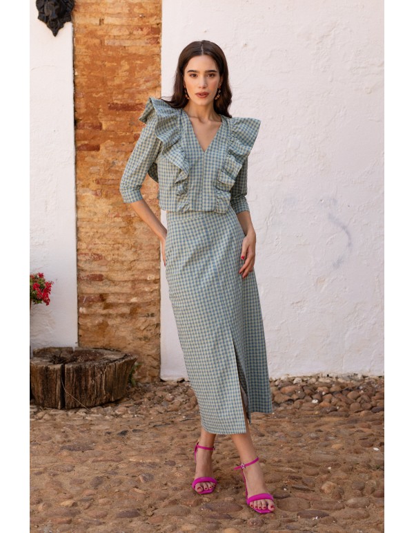 Conjunto de invitada vichy verde con volantes 2