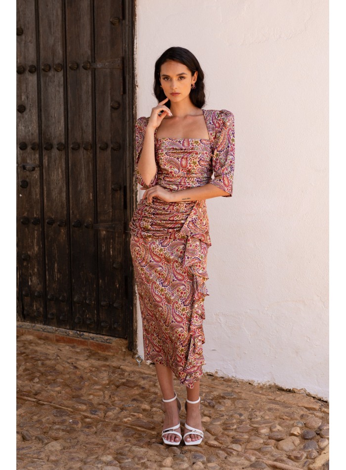 Amoeba printed midi dress with french sleeves