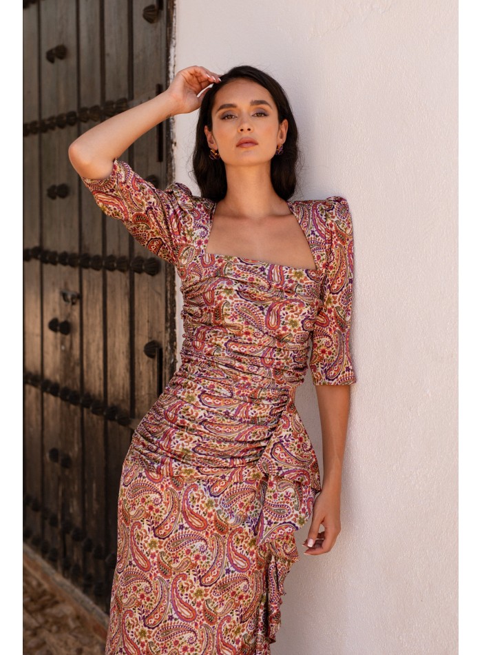 Vestido midi estampado amebas con manga francesa para bodas de mañana