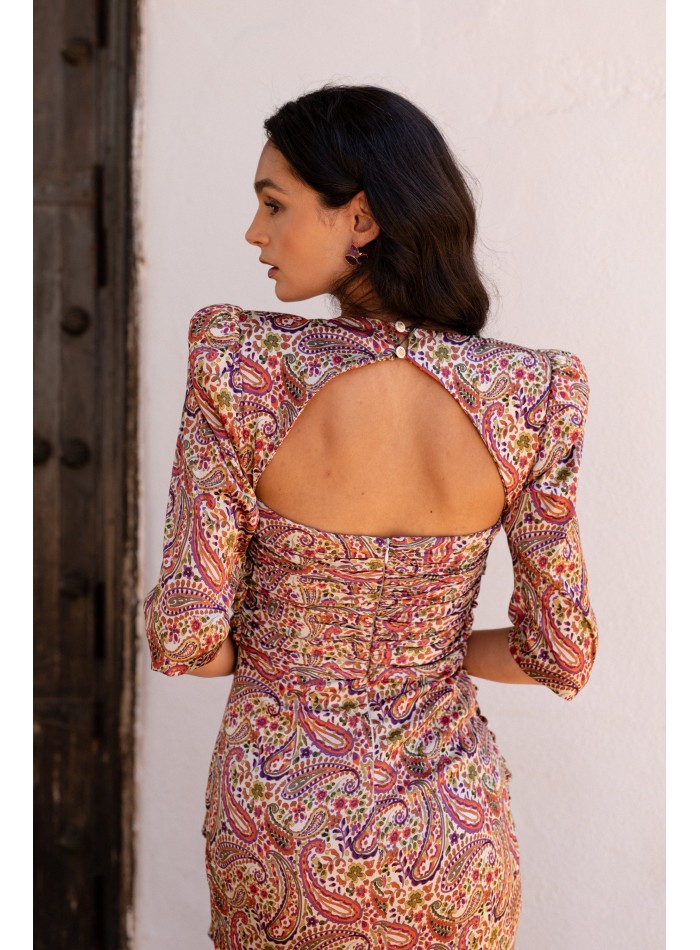 Vestido midi estampado amebas con manga francesa y espalda descubierta