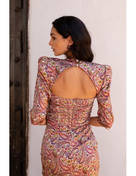 Vestido midi estampado amebas con manga francesa y espalda descubierta Vestido midi estampado amebas con manga francesa y espalda descubierta