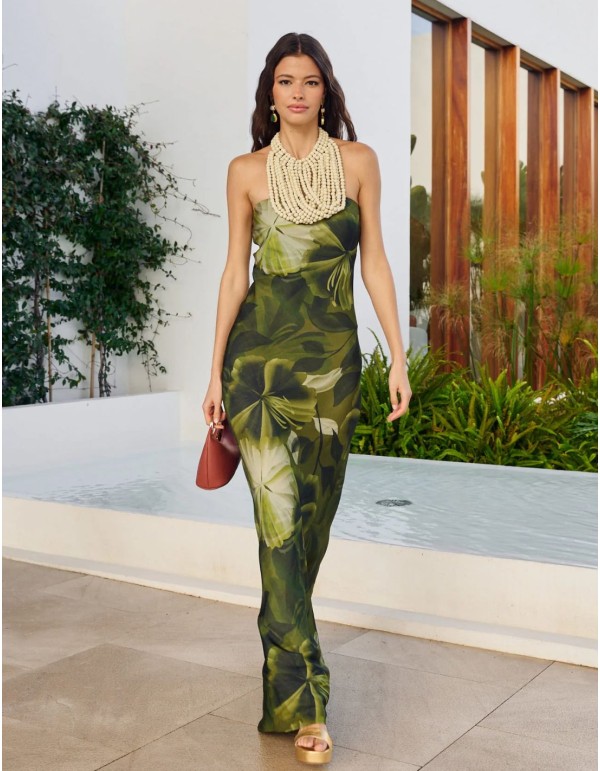 Vestido largo de fiesta estampado con escote palabra de honor y corte evasé