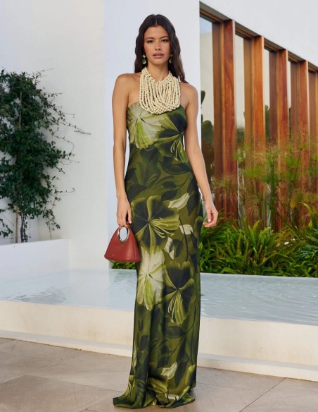 Vestido largo de fiesta estampado con escote palabra de honor y corte evasé