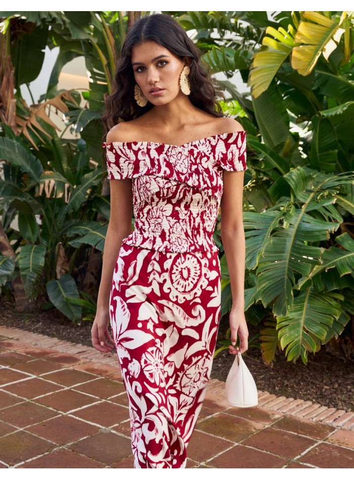 Red midi skirt with print