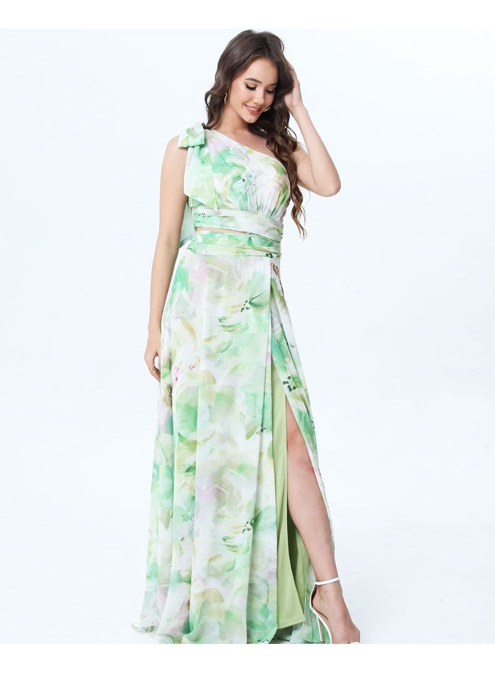 Asymmetrical maxi dress with print and slit