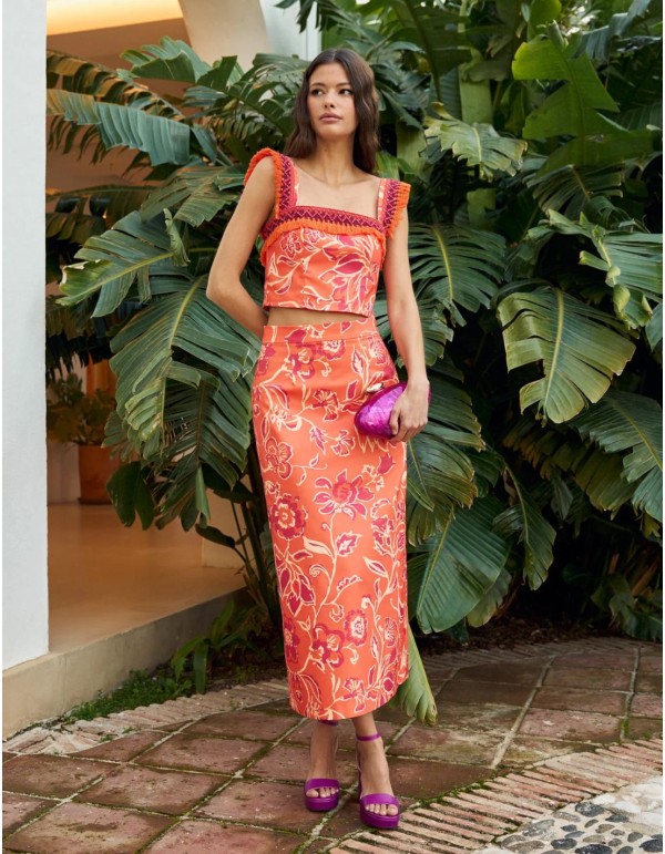 Jupe midi à imprimé orange