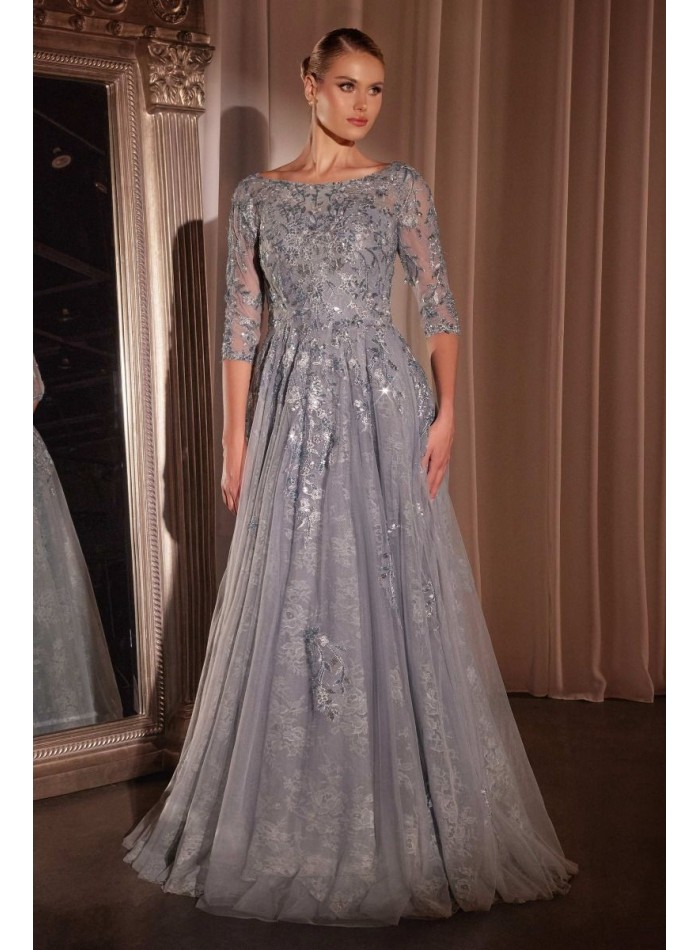 Robe de soirée longue avec corsage en strass et tissu en dentelle