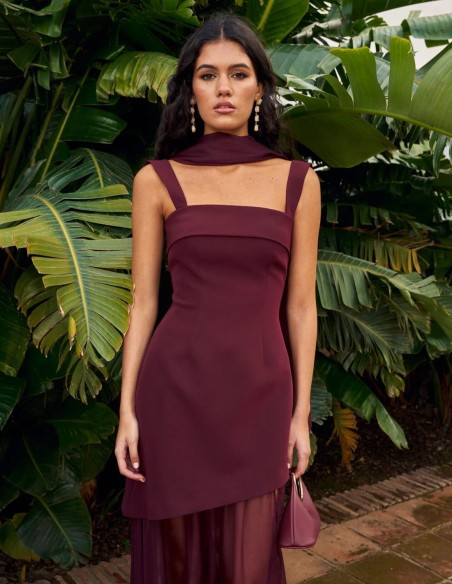 Long party dress with thick straps and asymmetrical skirt