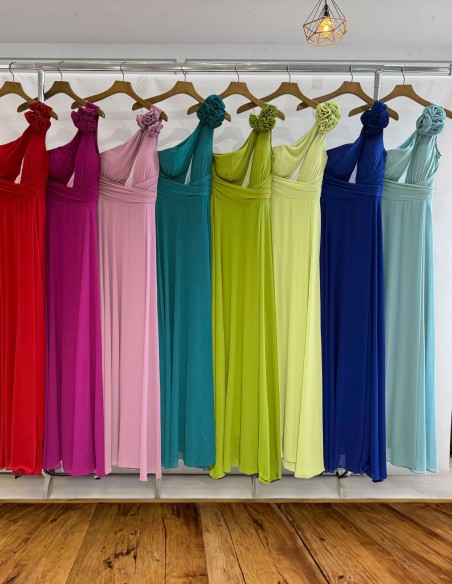 muestra de todos los colores del Vestido de fiesta largo con escote asimétrico y espalda cruzada