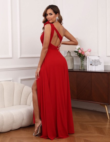 Robe de soirée longue avec encolure asymétrique et dos croisé