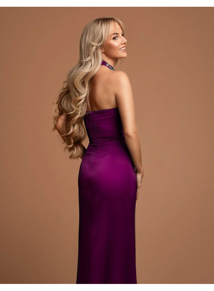 Long gown with halter halter neckline with rhinestones