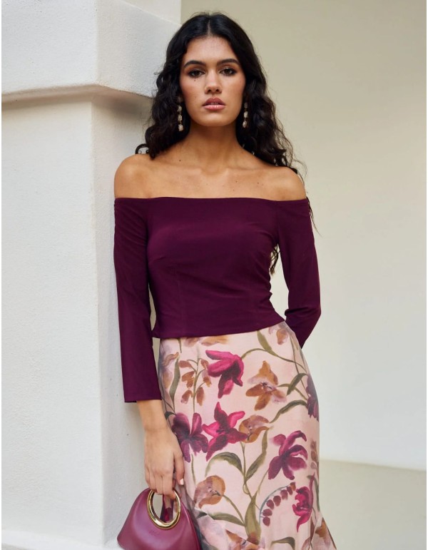 Maroon top with bardot neckline