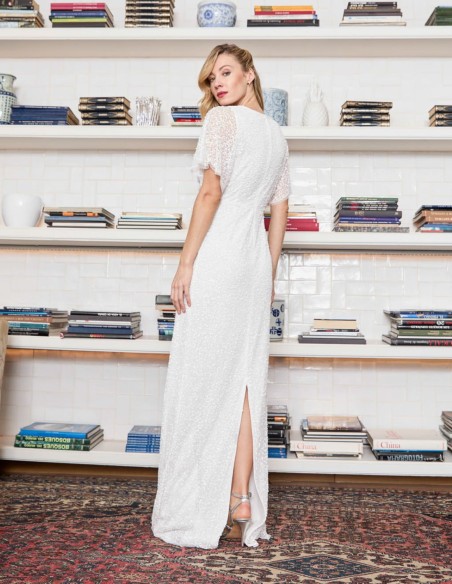 Robe de soirée longue avec strass et manches courtes