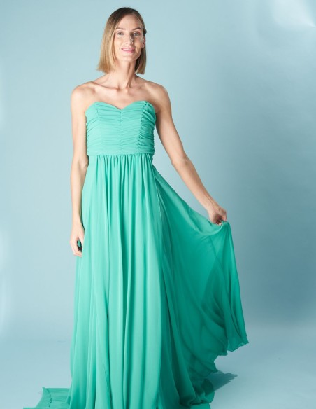 Long party dress with multi-position neckline and flowing fabric