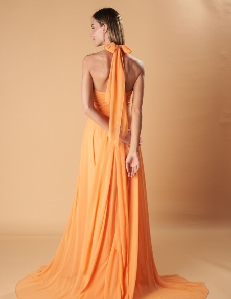 Long party dress with multi-position neckline and flowing fabric