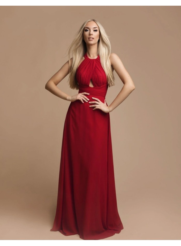 Long red gown with slit at the chest