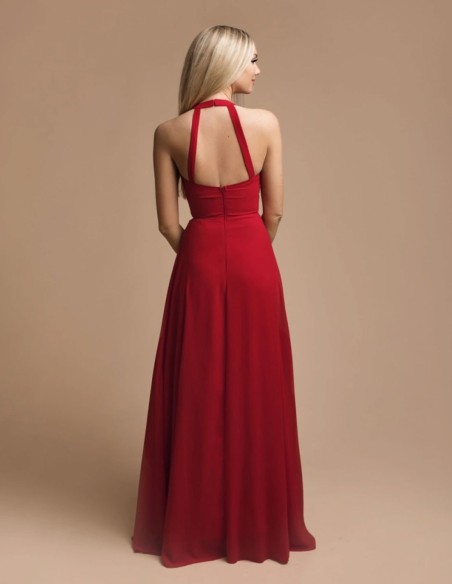 Long red gown with slit at the chest
