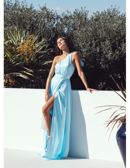 Light blue long dress with asymmetrical neckline and skirt slit