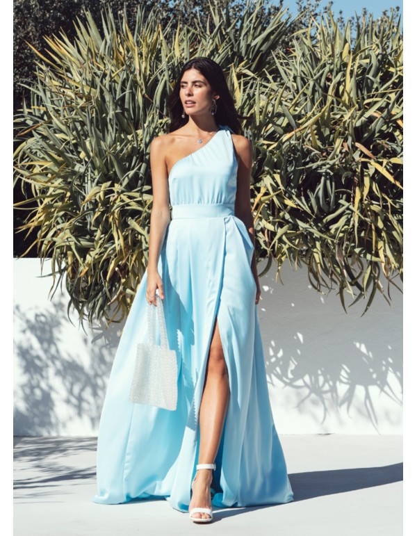 Robe longue bleu clair avec encolure asymétrique et jupe... 2