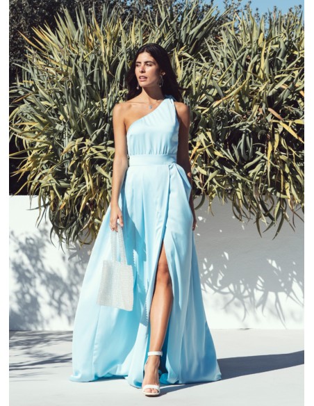 Light blue long dress with asymmetrical neckline and skirt slit