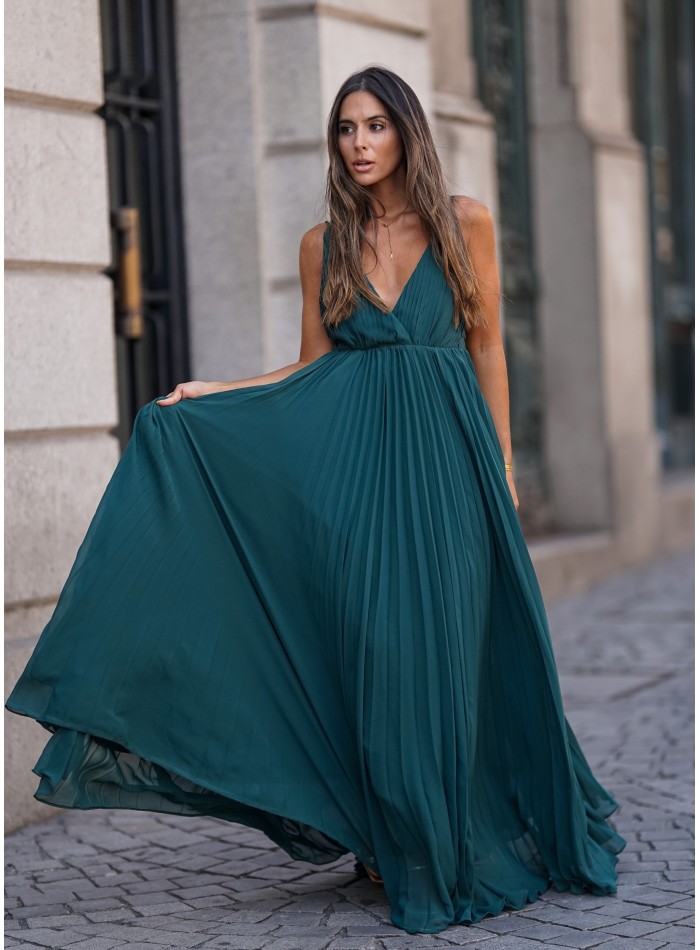 Vestido largo verde plisado | últimas unidades