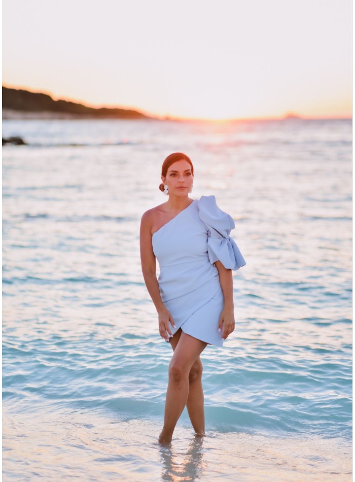 Short blue dress with asymmetrical neckline and...