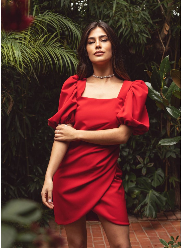 Short red dress with square neckline and draped...