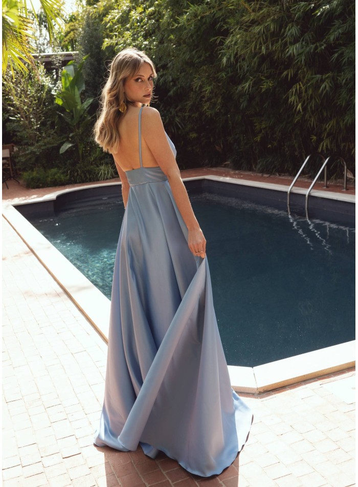 Blue long dress with plunging neckline and...