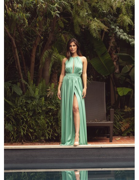 Mint green long dress with halter neckline
