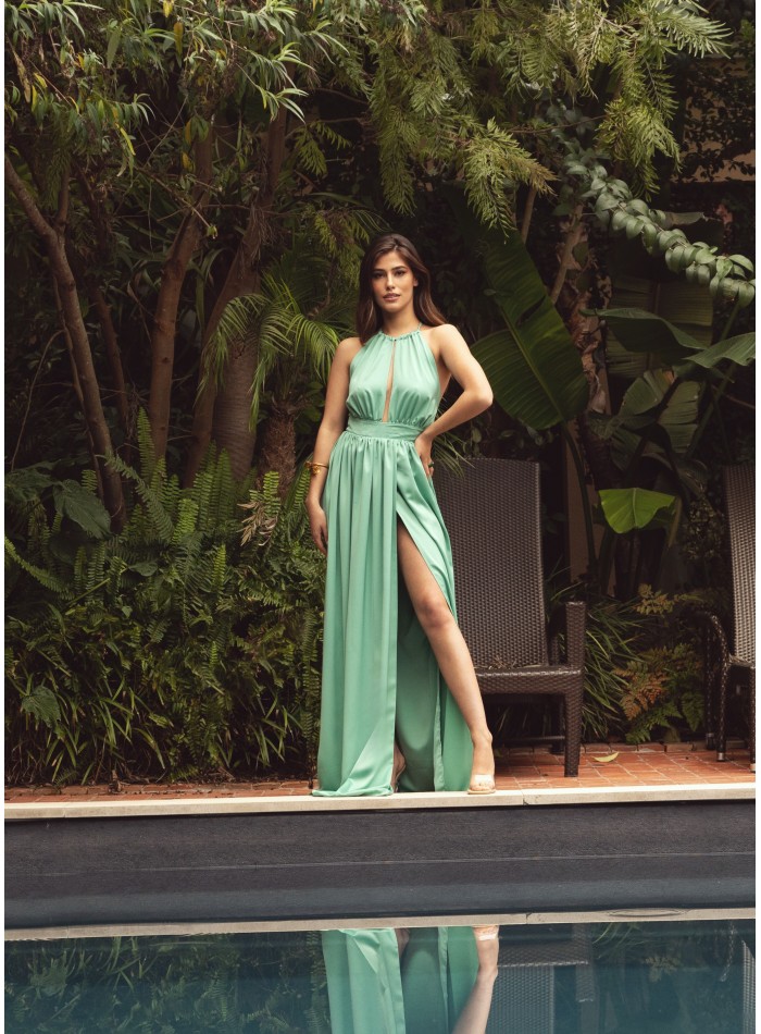 Mint green long dress with halter neckline