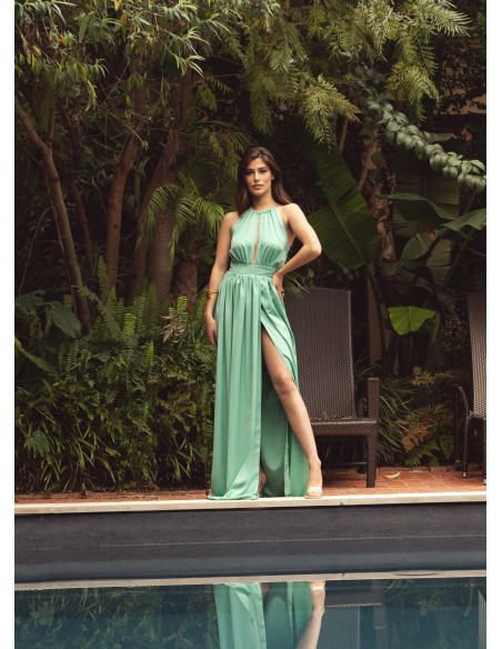 Robe longue décolletée vert menthe