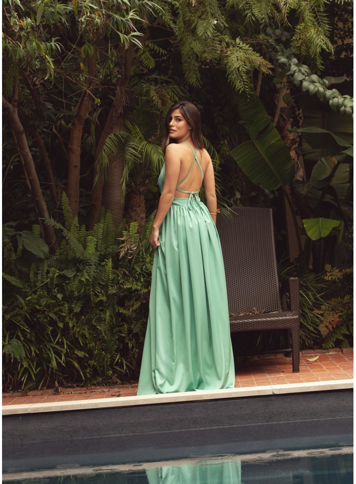 Mint green long dress with halter neckline