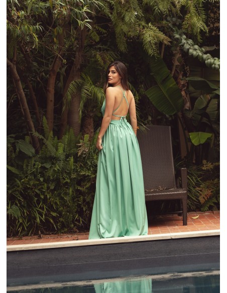 Mint green long dress with halter neckline